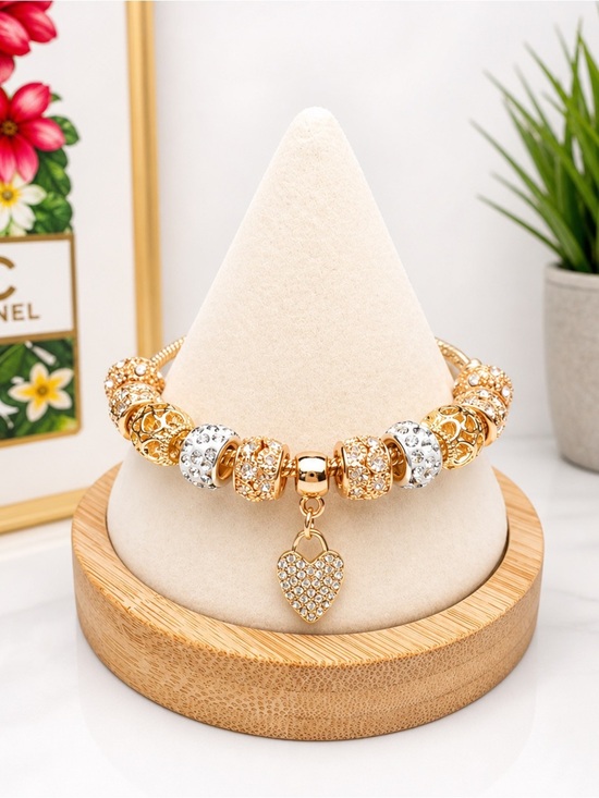 Jewelry - Gold Heart Charm Adjustable Bracelet Crystal Beads Romantic Glam Classy Elegant